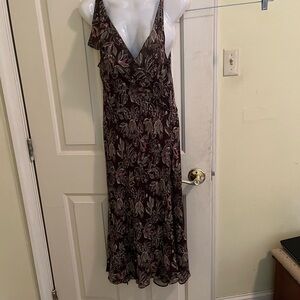 Max Studio Floral V-Neck Midi Dress SZ L Brown Pink Green 100% silk chiffon